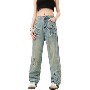 Women's Straight Leg Jeans, Pentagram Pattern Denim Pants Loose Fit Streetwear Trouser Boyfriend Jeans for Women in Kuwait