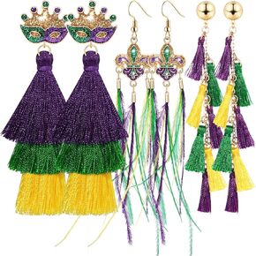 Mardi Gras Earrings for Women Glitter Fleur De Lis Mask Crow Tassel Feather Drop Dangle Earrings Boho Handmade Statement Purple Green Gold Long Multilayered Tassel Chain Dangling Earrings Carnival Parade New Orleans Fat Tuesday Jewelry