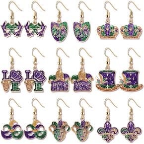9/12Pairs Mardi Gras Earrings for Women, Crown Mask Fleur De Lis Earrings Glitter Carnival Parade Party Earrings for Fat Tuesday Celebrations Mardi Gras Accessory Gifts