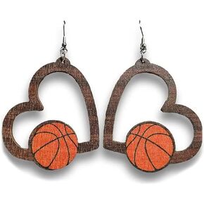 Wooden Sports Geometry Game Ball Earrings Round Heart-Shaped Football Basketball Baseball Volleyball Leopard Print Drop Dangle Earrings Sports Fans Players Jewelry for Women Girls Teen
