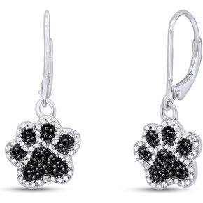 Black & White Natural Diamond Paw Print Dangle Earrings in14K Gold Over Sterling Silver (1/6 Cttw)