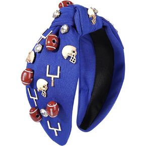 Football Headband for Women Football Mom Accessories Rhinestone Crystal Jeweled Football Charm Top Knot Hairband Black White Red Purple Blue Gameday Sports Wide Twist Football Hair Band Headpiece Accessories
