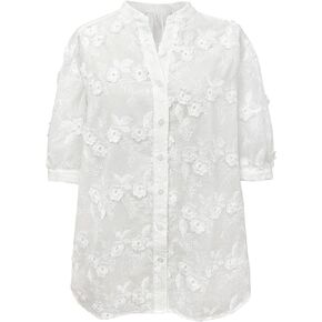 Olaesa Women's White Short Sleeve Embroidered Eyelet Blouse V Neck Button Down Shirts Dressy Casual Boho Tops Summer Fall