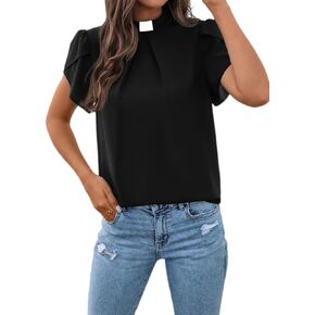 Womens Church Clergy Shirt Tab Collar Front Pleated Petal Sleeve Blouse Top