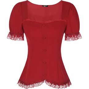 Allegra K Victorian Shirt for Women's Sweetheart Neck Puff Sleeve Halloween Lace Up Gothic Blouse