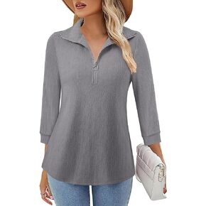 Altelime Women's Business Casual Tops 3/4 Sleeve Work Blouses Zipper V Neck Shirt