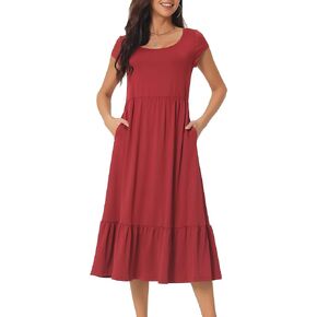 Women's Summer Casual Short Cap Sleeve Scoop Neck Swing Dress Flowy Tiered Midi Dress with Pockets