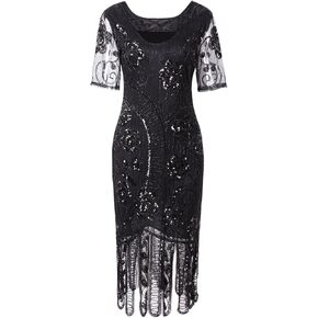 Vijiv Women Vintage 1920s Dresses Floary Beaded Cocktail Flapper Dress with Sleeves Gatsby Party
