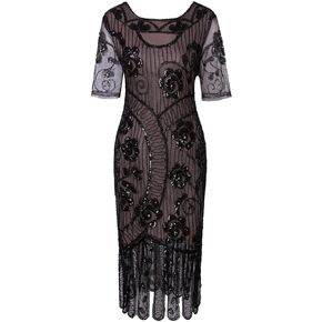 Vijiv Women Vintage 1920s Dresses Floary Beaded Cocktail Flapper Dress with Sleeves Gatsby Party