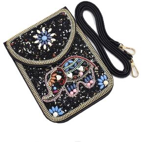 idealway Bohemian Beaded Crossbody Phone Bag for Women Girls Flower Elephant Eye Motifs Small Handbags