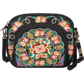 SILKAREA Embroidered Canvas 3 zip Small Crossbody Bag Cell Phone Purse Shoulder Wallet Handbags Wristlet Clutch Bag for Women