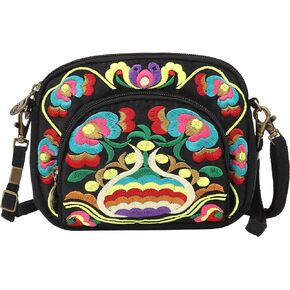 SILKAREA Embroidered Canvas 3 zip Small Crossbody Bag Cell Phone Purse Shoulder Wallet Handbags Wristlet Clutch Bag for Women