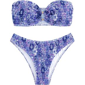 WDIRARA Women's Floral Print Smocked Strapless Bandeau Bikini Set Bathing Suit 2 Piece Ring Swimsuit
