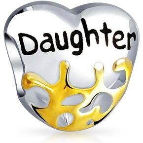Bling Jewelry Personalize Heart Shape Floral Scroll Daughter Grandmother God Mother Charm Bead For Bracelet For Women Two Tone 14K Gold Plated .925 Sterling Silver