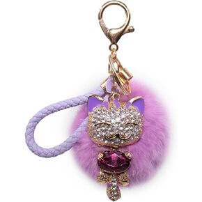 surell Bling Cat with Gem Keychain with Rex Rabbit Fur Pom - Cute Kitty Key Chains - Plush Round Charm keychain for Girls