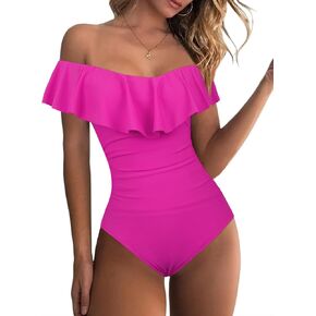 Hilor Women's Off Shoulder One Piece Swimsuits Retro Tummy Control Swimwear Flounce Ruffled Bathing Suit in Kuwait