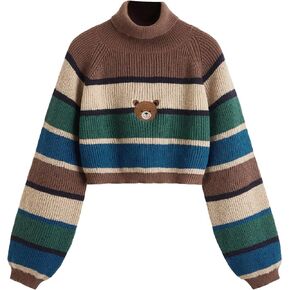 WDIRARA Women's Striped Bear Embroidery High Neck Bishop Long Sleeve Sweater Crop Knit Pullovers
