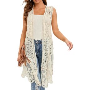WESURE Sheer Cardigan Crochet Sleeveless Cover Up Mesh Patchwork Hippie Vest