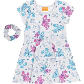 Nickelodeon Blue's Clues Girls Short Sleeve Dress with Scrunchy Light Gray