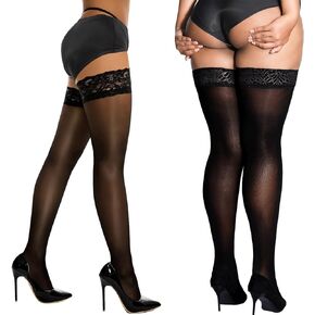 DORALLURE Thigh High Stockings for Women, Silicone Lace Top Stay Up, Silky Semi Sheer Pantyhose for Women, 2 Pairs
