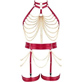 Women Plus Size High Elasticity Lingerie Full Strappy Adjust Punk Body Harness Set with Gold Body Chain Halloween Costume