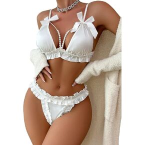 WDIRARA Women's Bow Front Ruffle Trim Wireless Lingerie Set Bralette and Panty Set