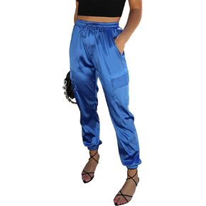 Satin Cargo Pants for Women Drawstring Dressy Joggers Pants Elastic Ankle Silky Pants