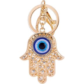 Blue Evil Eye Hamsa Hand Keychain Crystal Keychain Charm Purse Pendant Handbag Bag Decoration Holiday (Gold)