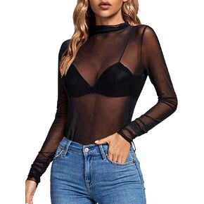 Rooscier Women's Sheer Mesh See Through Mock Neck Long Sleeve Slim Fit Sexy Tee Blouse Top