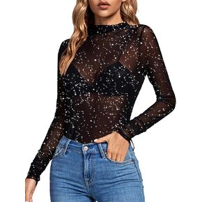 Rooscier Women's Sheer Mesh See Through Mock Neck Long Sleeve Slim Fit Sexy Tee Blouse Top