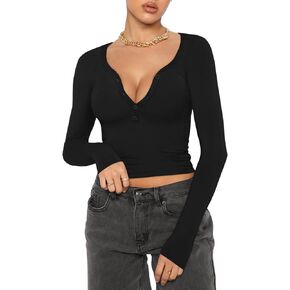 Afibi Women Sexy Long Sleeve Henley T Shirts V Neck Button Down Casual Basic Tee Slim Fitted Ribbed Knit Crop Tops