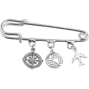 FEELMEM Travel Safety Pin Brooch Compass Airplane World Charm Kilt Pin Brooch Traveler Graduation Gift Retirement Gift
