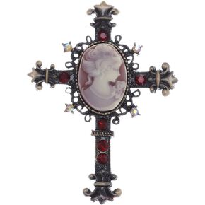 Alilang Cameo Lady Cross Brooch Pin Gunmetal Red Rhinestones Vintage Inspired