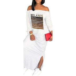 Women's Casual Off Shoulder Maxi Dress - African Print Summer Loose Long Sleeve Tunic T Shirt Dresses with Pockets
