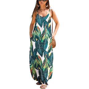 Bluetime Summer Maxi Dress for Women 2024 Sexy V-Neck Sleeveless Flowy Boho Floral Beach Sundress with Pockets