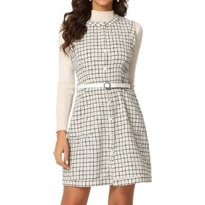 Allegra K Women's 2023 Vintage Pinafore Dress Round Neck Button Down Pockets Sleeveless Plaid Tweed Dress with Belt