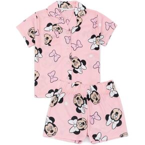Disney Minnie Mouse Pyjamas Set | Girls Pink Loungewear Shirt & Shorts Complete PJ Bundle | Bow All Over Print Button-Up PJs