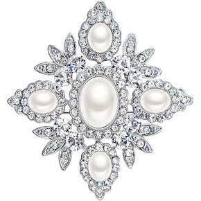 EVER FAITH Austrian Crystal Oval Simulated Pearl Wedding Chunky Flower Brooch Clear Silver-Tone in Saudi Arabia