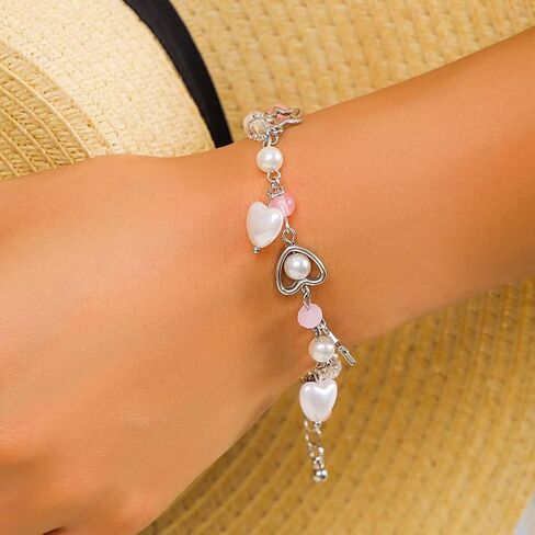 Y2k Star Bracelet For Women Teen Girls Cute Pink Heart Beaded Pendant Bracelet Aesthetic Dainty Adjustable Gothic Punk Cool Resin Fashion Jewelry Gift Valentine's Day in Saudi Arabia