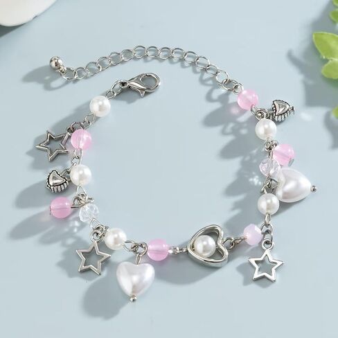 Y2k Star Bracelet For Women Teen Girls Cute Pink Heart Beaded Pendant Bracelet Aesthetic Dainty Adjustable Gothic Punk Cool Resin Fashion Jewelry Gift Valentine's Day in Saudi Arabia