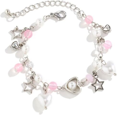Y2k Star Bracelet For Women Teen Girls Cute Pink Heart Beaded Pendant Bracelet Aesthetic Dainty Adjustable Gothic Punk Cool Resin Fashion Jewelry Gift Valentine's Day in Saudi Arabia