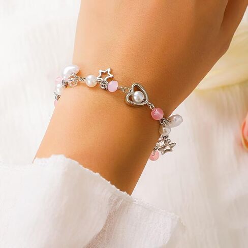 Y2k Star Bracelet For Women Teen Girls Cute Pink Heart Beaded Pendant Bracelet Aesthetic Dainty Adjustable Gothic Punk Cool Resin Fashion Jewelry Gift Valentine's Day in Saudi Arabia