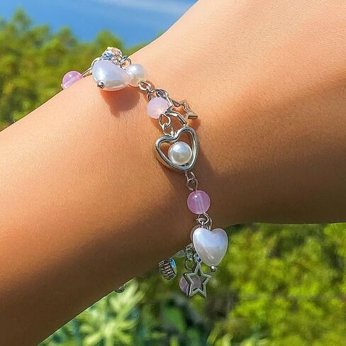 Y2k Star Bracelet For Women Teen Girls Cute Pink Heart Beaded Pendant Bracelet Aesthetic Dainty Adjustable Gothic Punk Cool Resin Fashion Jewelry Gift Valentine's Day in Saudi Arabia
