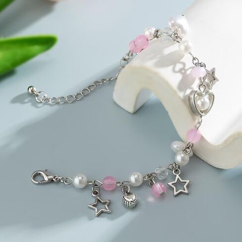 Y2k Star Bracelet For Women Teen Girls Cute Pink Heart Beaded Pendant Bracelet Aesthetic Dainty Adjustable Gothic Punk Cool Resin Fashion Jewelry Gift Valentine's Day in Saudi Arabia