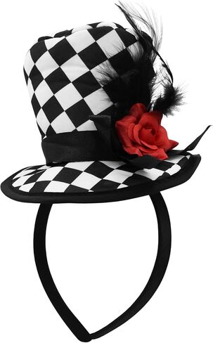 Nicky Bigs Novelties Soft Mini Top Hat Headband Checkered with Feathers & Flower, One Size, Multi-Colored in Saudi Arabia
