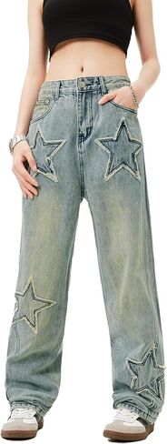 Women's Straight Leg Jeans, Pentagram Pattern Denim Pants Loose Fit Streetwear Trouser Boyfriend Jeans for Women in Kuwait