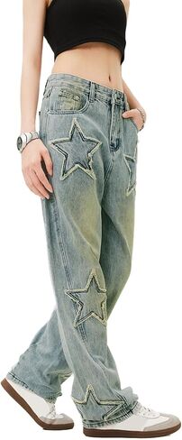 Women's Straight Leg Jeans, Pentagram Pattern Denim Pants Loose Fit Streetwear Trouser Boyfriend Jeans for Women in Kuwait