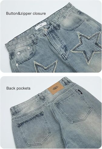 Women's Straight Leg Jeans, Pentagram Pattern Denim Pants Loose Fit Streetwear Trouser Boyfriend Jeans for Women in Kuwait