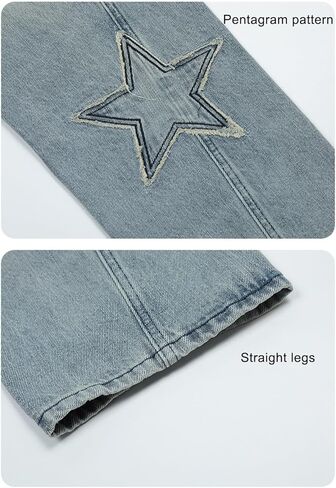 Women's Straight Leg Jeans, Pentagram Pattern Denim Pants Loose Fit Streetwear Trouser Boyfriend Jeans for Women in Kuwait