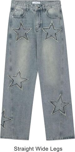 Women's Straight Leg Jeans, Pentagram Pattern Denim Pants Loose Fit Streetwear Trouser Boyfriend Jeans for Women in Kuwait